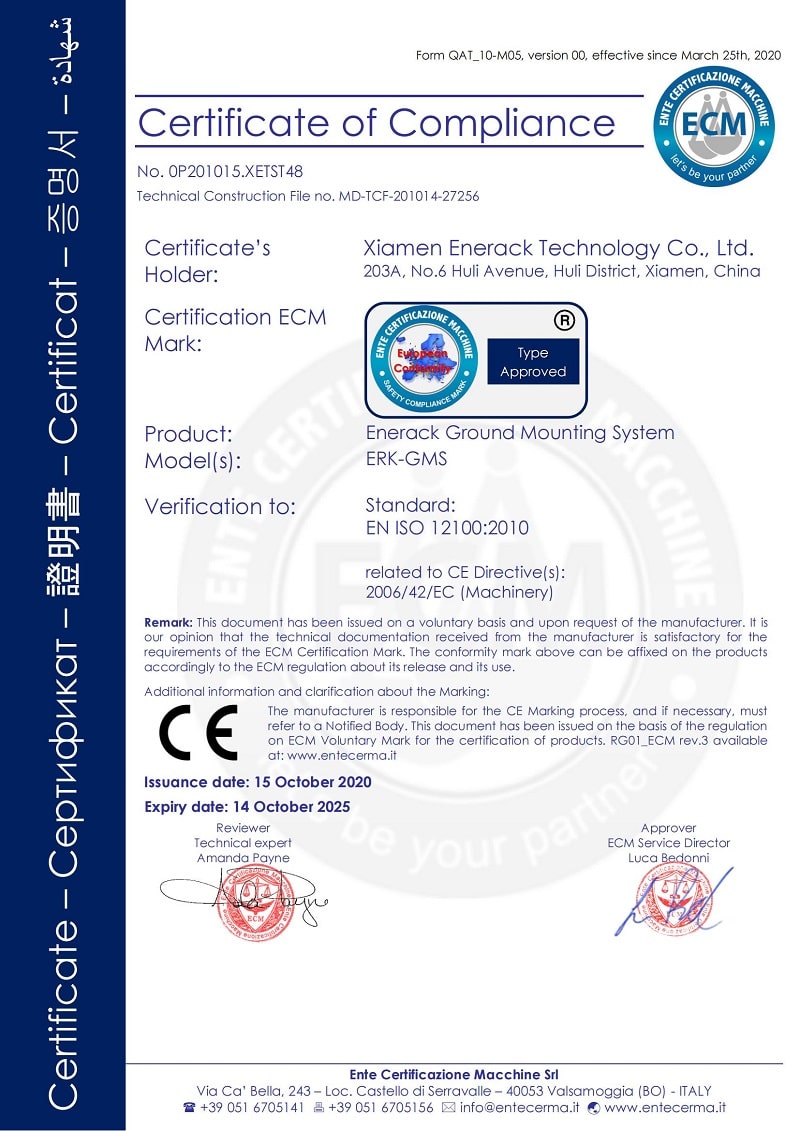 certificat CE du système de montage au sol enerack