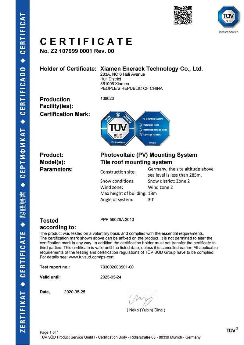 certificat de montage solaire enerack TUV