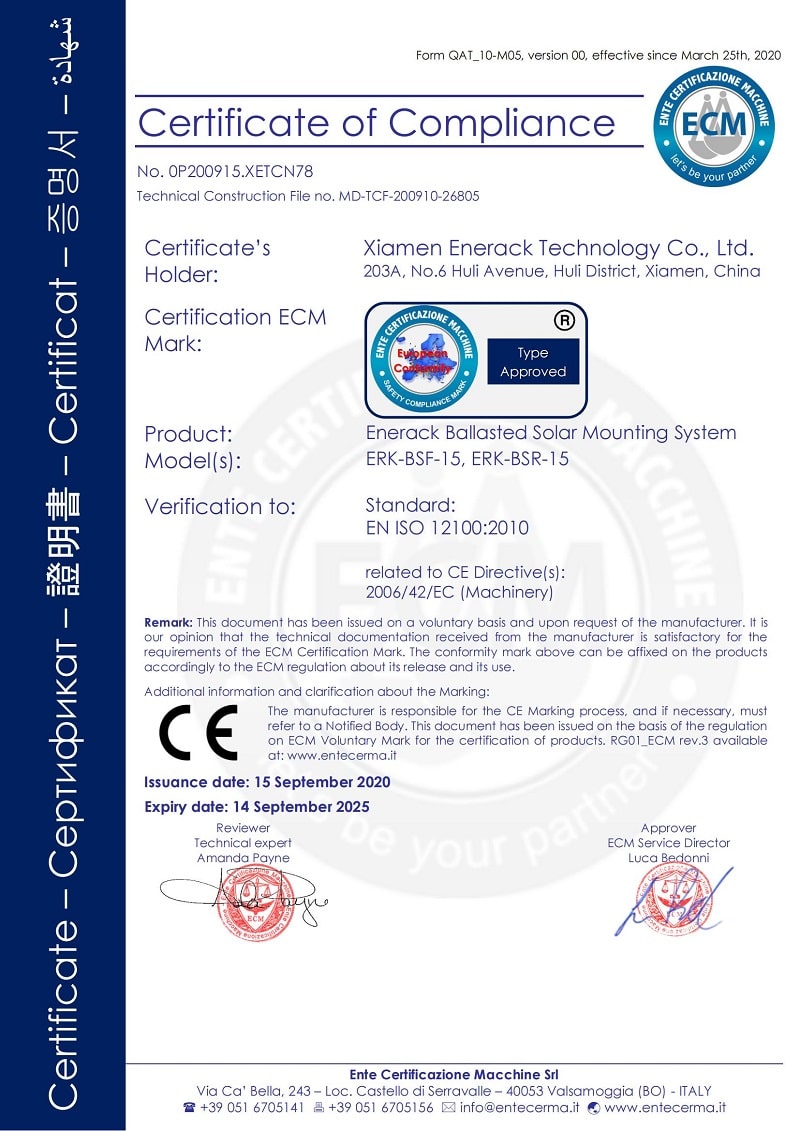 certificat CE du système de montage solaire lesté enerack