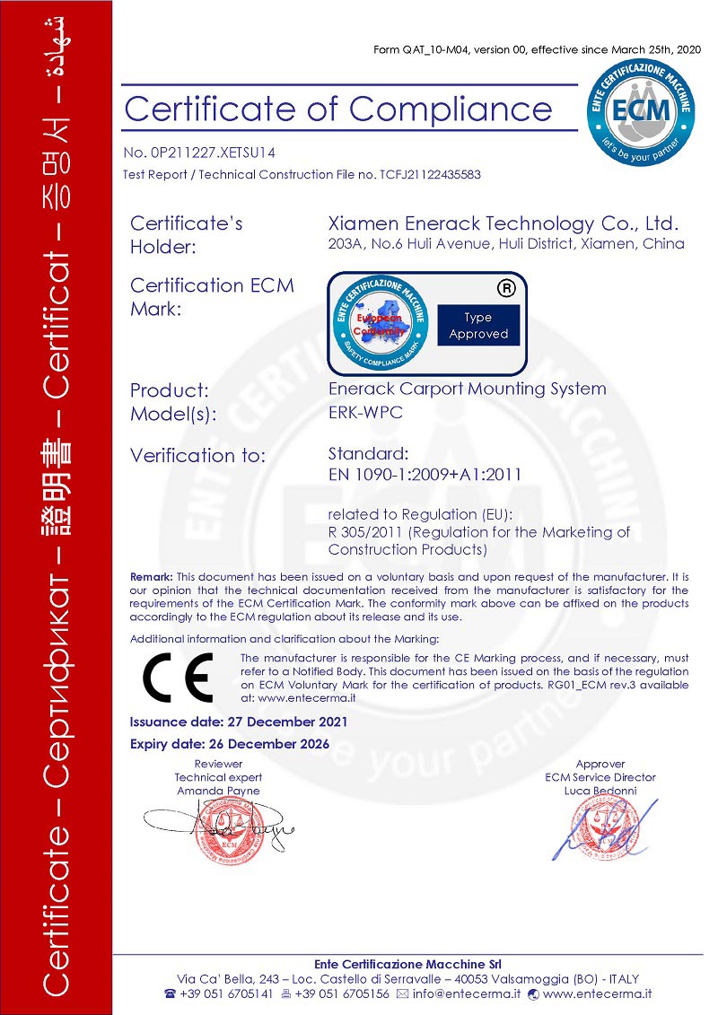 certificat CE du système de montage de carport enerack